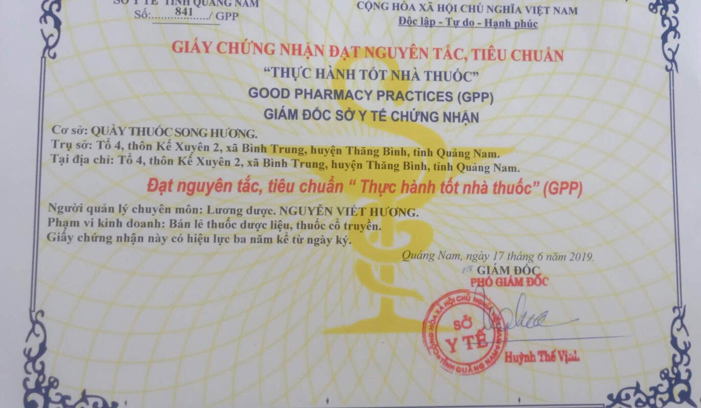 Giấy chứng nhận đạt tiêu chuẩn Thực hành tốt nhà thuốc GPP số 841/GPP ngày 17/6/2019 – Sở Y tế Quảng Nam