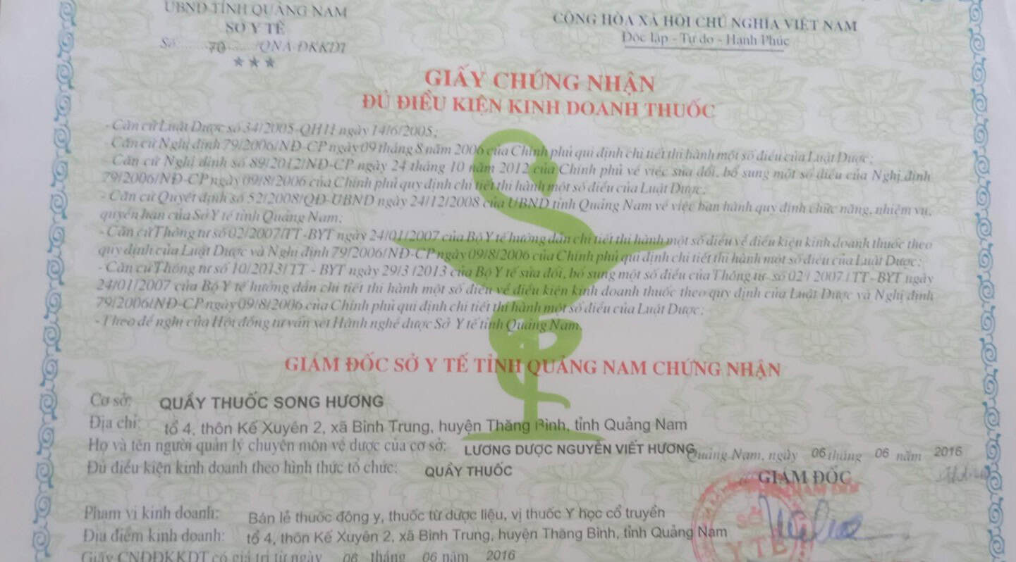 Giấy chứng nhận đủ điều kiện kinh doanh thuốc đông y số 70 QNA – Sở Y tế tỉnh Quảng Nam cấp năm 2016