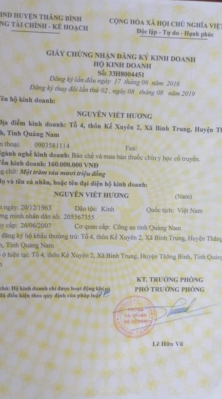 Giấy chứng nhận đủ điều kiện kinh doanh nhà thuốc Song Hương do Sở Y tế tỉnh Quảng Nam cấp
