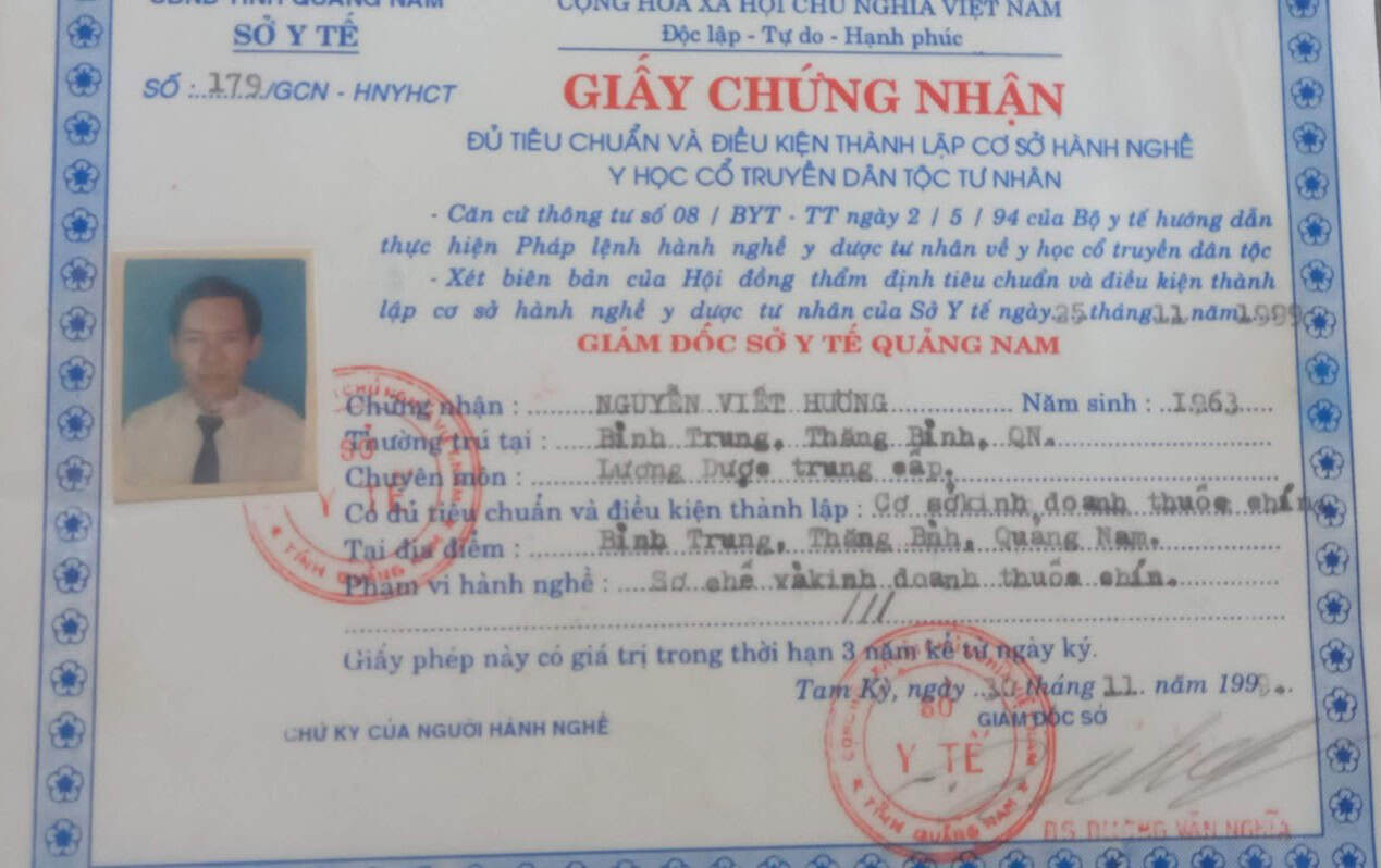 Giấy chứng nhận đủ tiêu chuẩn thành lập cơ sở hành nghề Y học cổ truyền dân tộc tư nhân số 179/GCN-HNYHCT