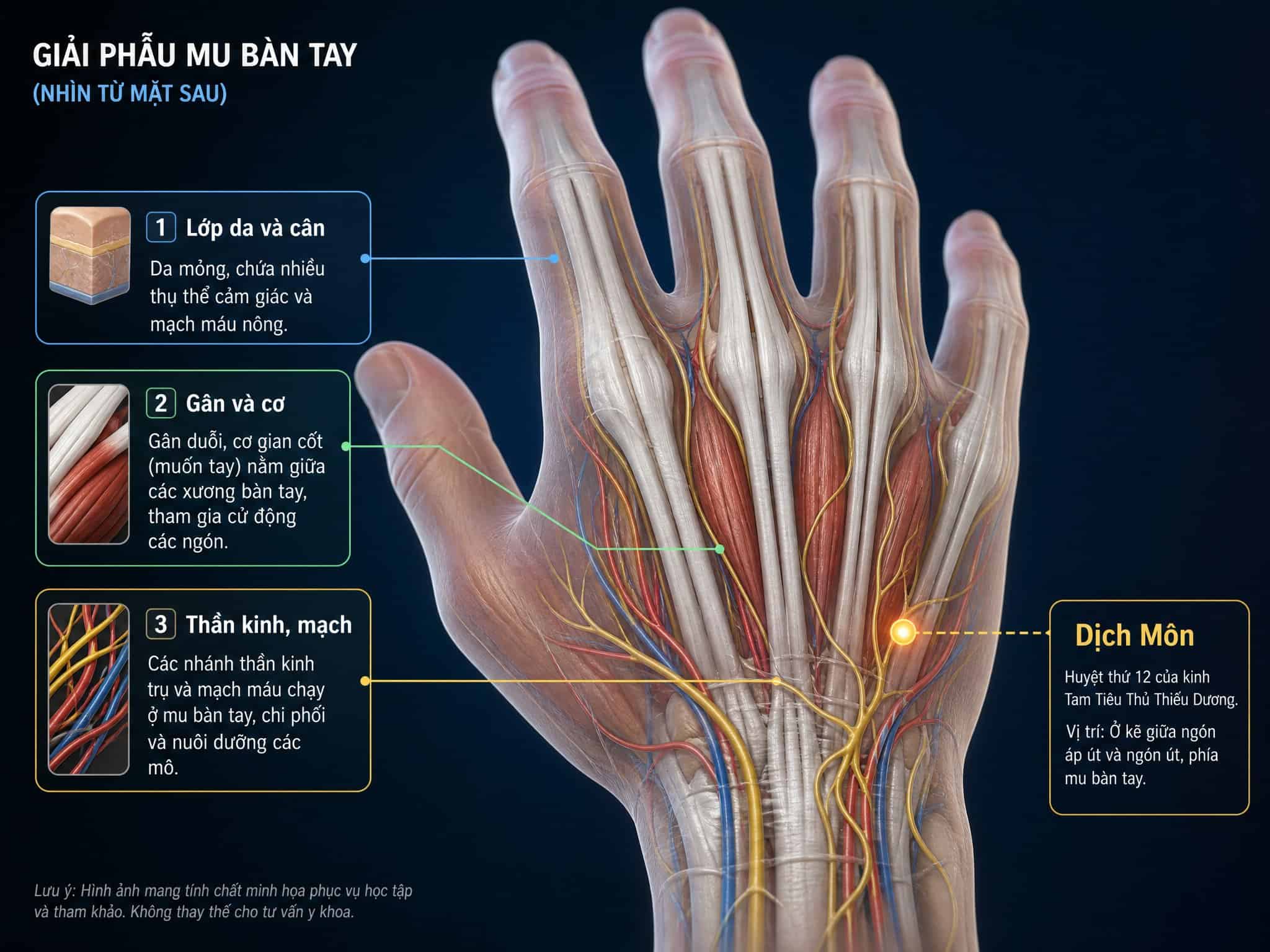 cần biết Giải phẫu vùng huyệt Dịch Môn gồm gân duỗi ngón, cơ gian cốt mu tay và nhánh thần kinh trụ