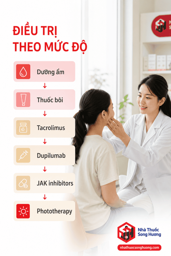 Phác đồ điều trị viêm da cơ địa theo mức độ từ dưỡng ẩm đến thuốc sinh học.