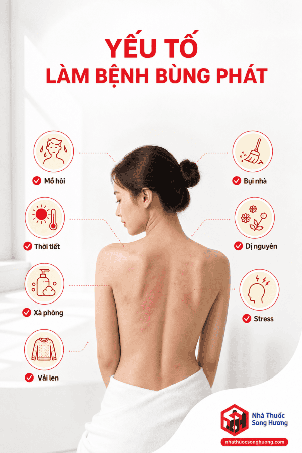 Các yếu tố thường kích hoạt hoặc làm nặng thêm viêm da cơ địa như mồ hôi, thời tiết, xà phòng và dị nguyên.
