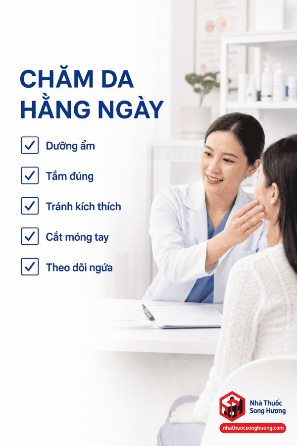 Checklist chăm sóc da hằng ngày cho trẻ bị viêm da cơ địa gồm dưỡng ẩm, tắm đúng cách và tránh kích thích.
