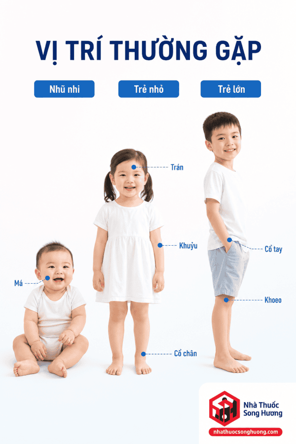 Vị trí tổn thương thường gặp của viêm da cơ địa ở trẻ nhũ nhi, trẻ nhỏ và trẻ lớn.