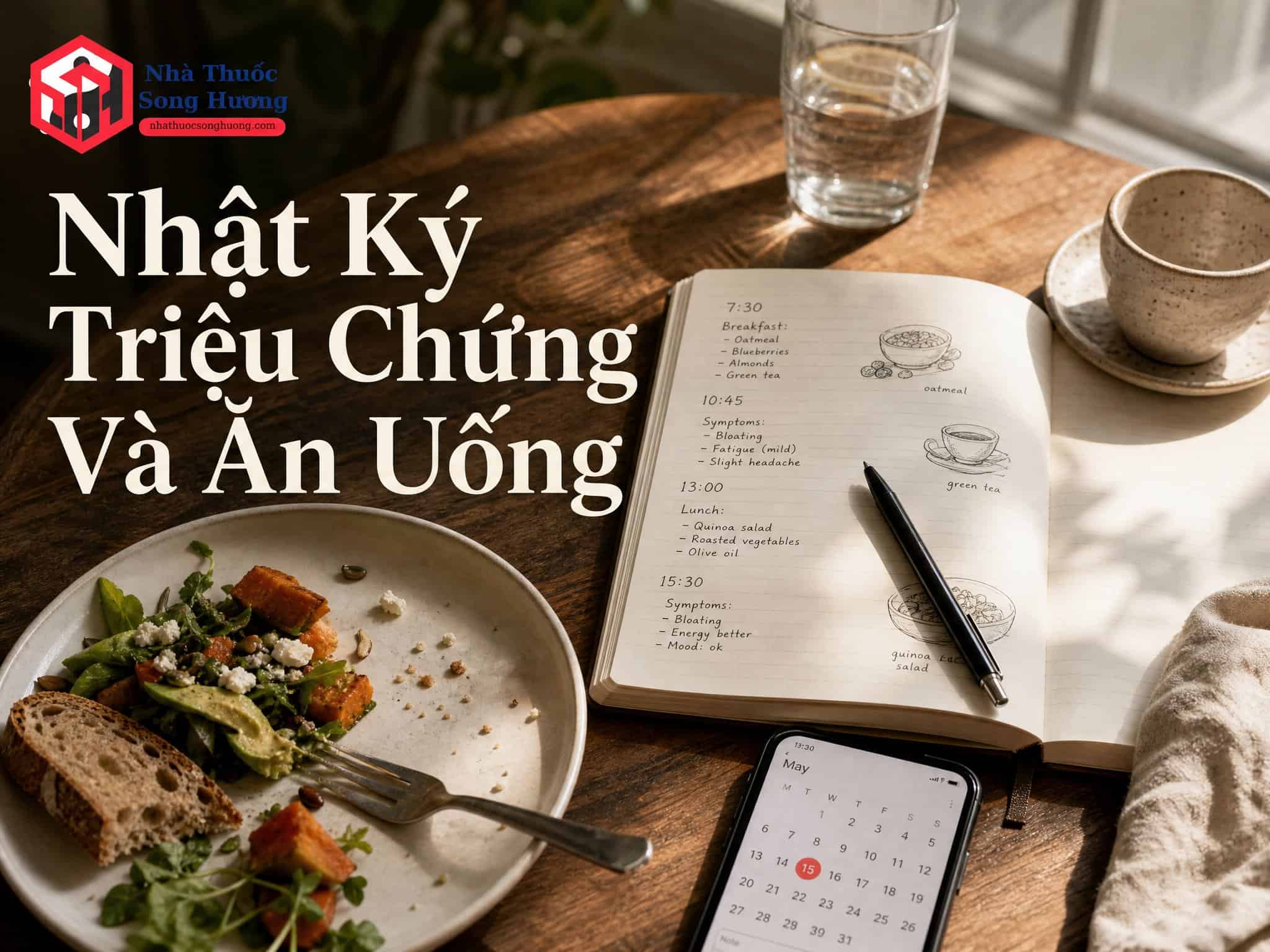 Hình ảnh nhật ký triệu chứng và thực đơn ăn uống hàng ngày.