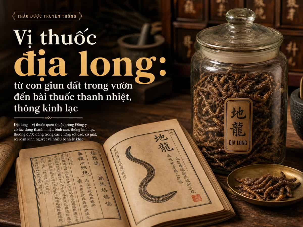 Hình ảnh địa long trong sách cổ và bình thủy tinh chứa địa long khô.