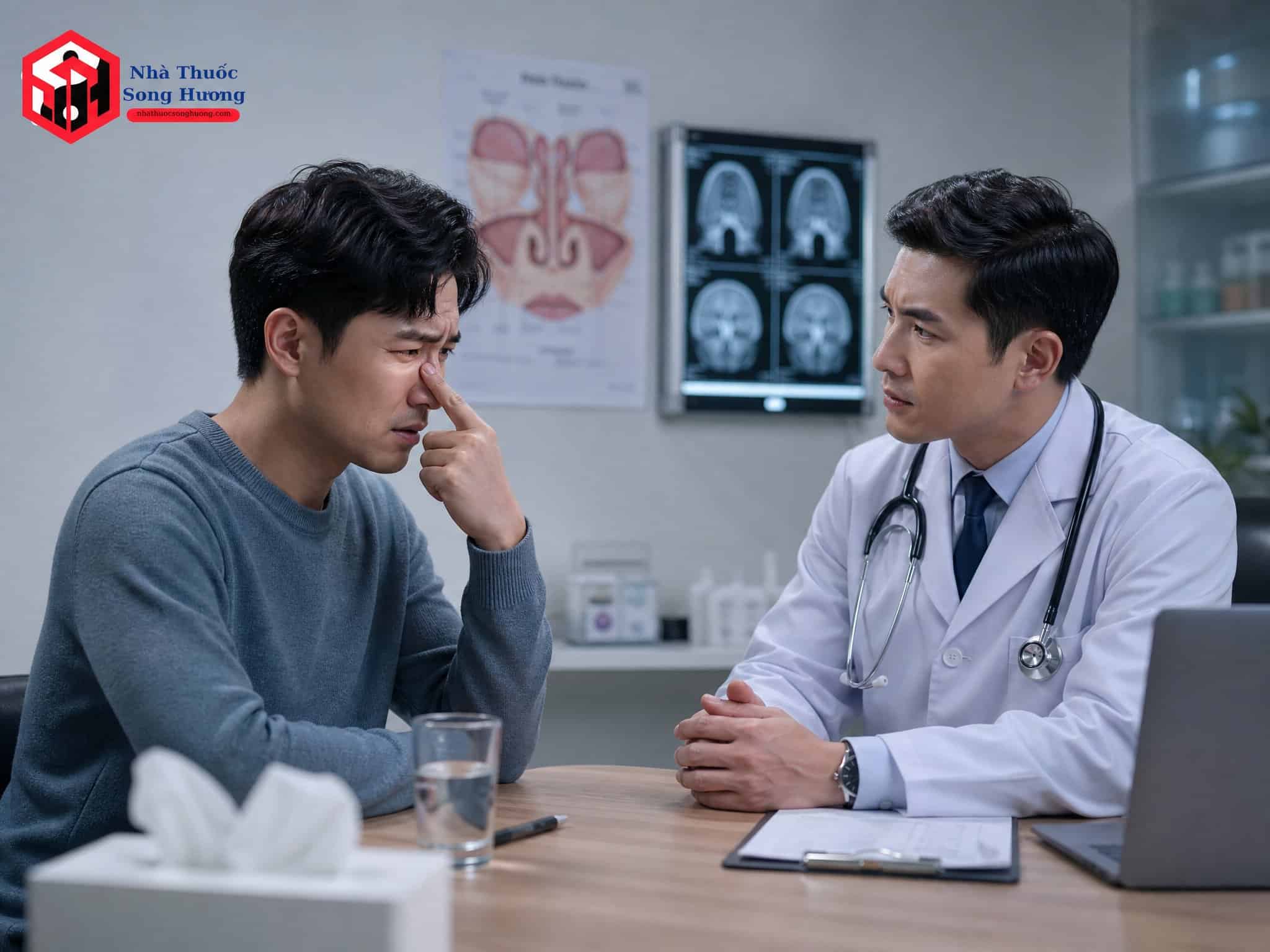 Bác sĩ tư vấn cho bệnh nhân về điều trị viêm xoang bằng đông y.