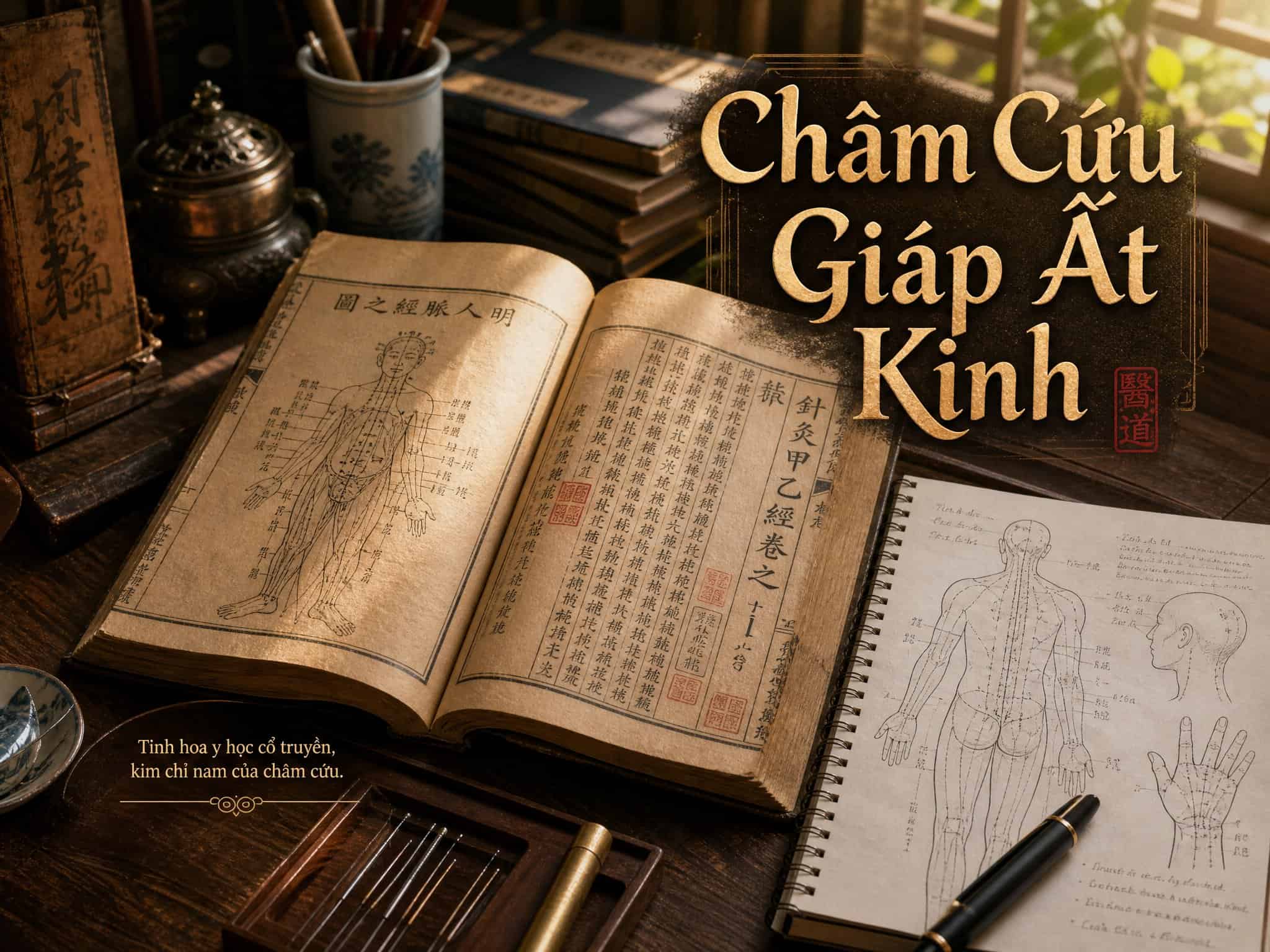 Hình ảnh sách cổ về châm cứu Giáp Ất Kinh tại nhà thuốc Song Hương.