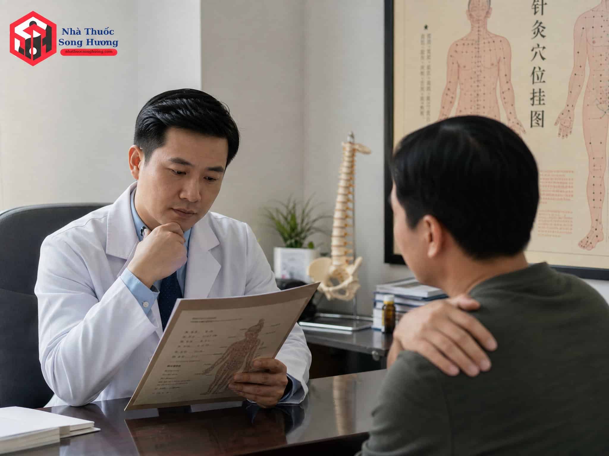 Bác sĩ Đông y tư vấn cho bệnh nhân về huyệt vị và phương pháp điều trị.