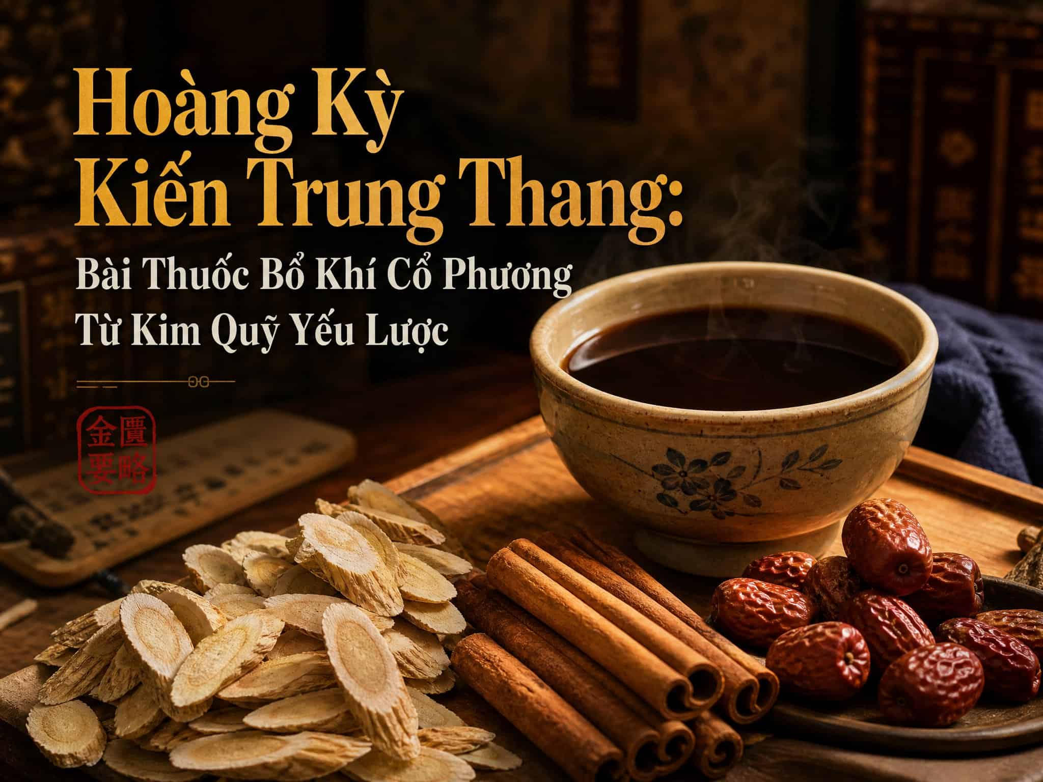 Trà thảo dược Hoàng Kỳ Kiến Trung Thang và các thành phần tự nhiên.