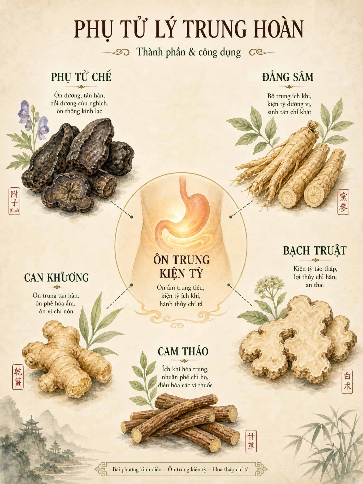 Hình ảnh các thành phần của Phụ Tử Lý Trung Hoàn trong bài thuốc đông y.