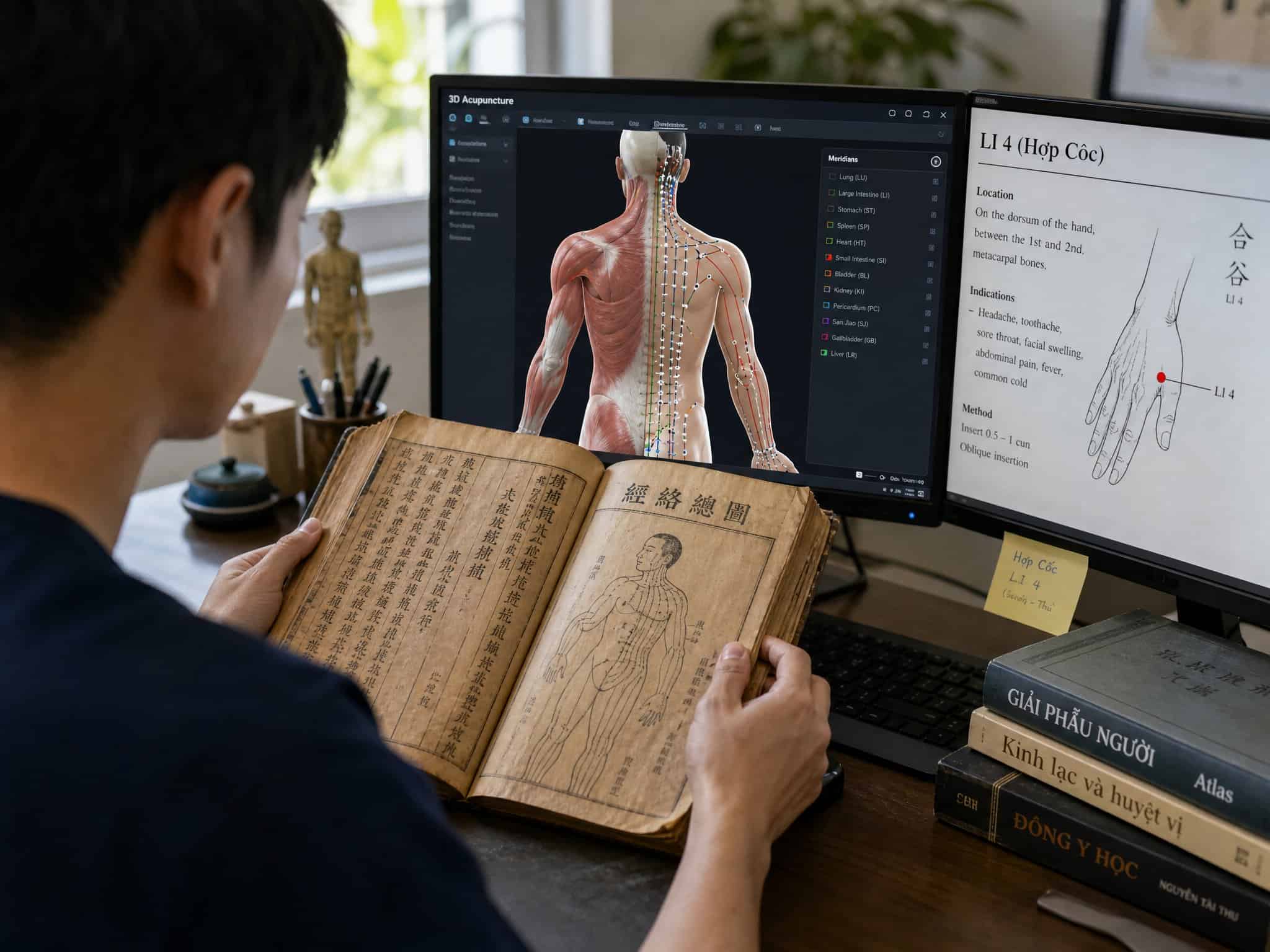 Hình ảnh nhà thuốc đông y tại Đà Nẵng với sách cổ và mô hình giải phẫu học.